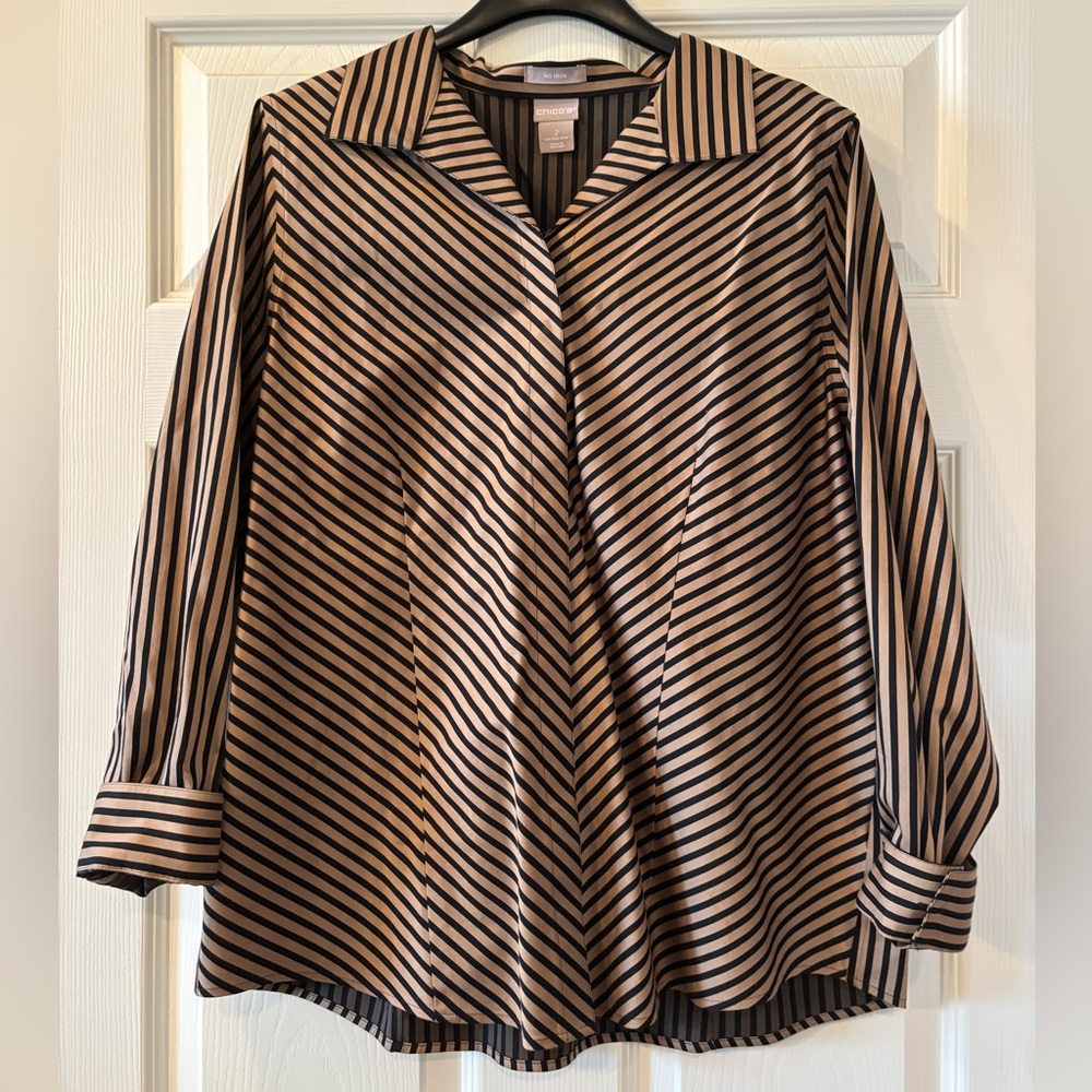 Chico’s No Iron Striped Black and Tan Women's Blouse Size 2 (10-12)